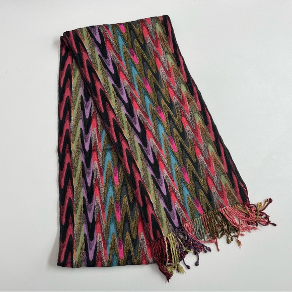 Tolani Accessories - Tolani Scarf Tassels Art To Wear Abstract Rainbow Long Black Green Purple Red